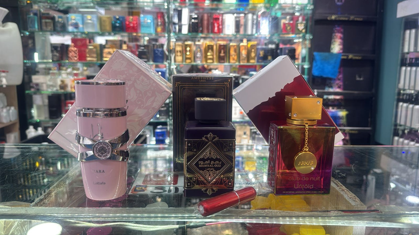 Lleva 3 Fragancias de Lujo al Mejor Precio! Yara de Lattafa, Bade'e Al Oud Amethyst y Club de Nuit Untold